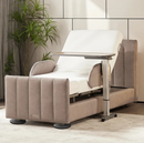 Front Right Side View Of The StarSleep Overbed Table Placed Under The StarSleep Arlo Rotating Bed Shown In A Bedroom Setting