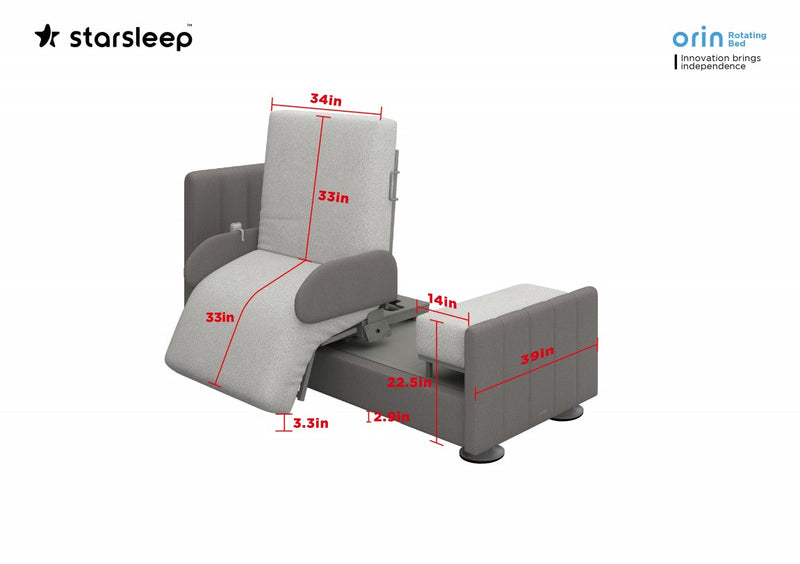 Front Right Side View Of The Starsleep Orin Rotating Bed Shown In The Right Exit Configuration With Dimensions Of The Bed