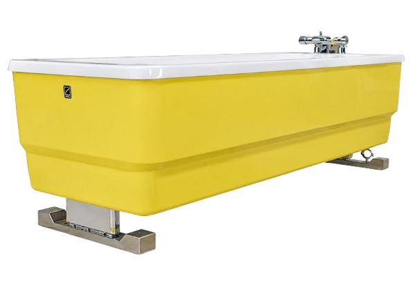 Front Right Side View Of The TR Equipment Bathtub Comfortline Bath System Shown In The Yellow Cover Color