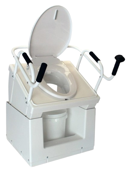Front Right Side View Of The Throne Buttler Powered Lift Commode Chair TLCE001 Shown In The Raised Position With The Bucket Under The Chair Lift
