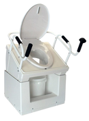 Front Right Side View Of The Throne Buttler Powered Lift Commode Chair TLCE001 Shown In The Raised Position With The Bucket Under The Chair Lift