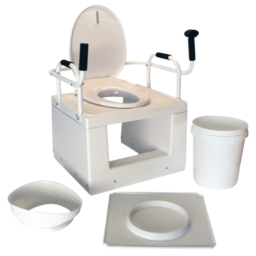 Front Right Side View Of The Throne Buttler Powered Lift Commode Chair TLCE001 Shown With Bucket, Lip Cover And Bottom Platform
