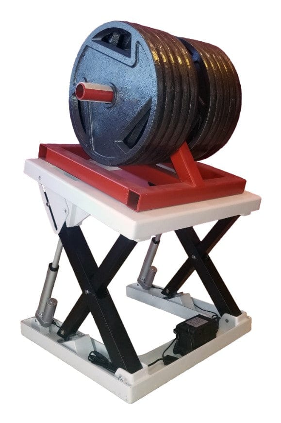 Front Right Side View Of The Throne Buttler Powered Lift Commode Chair TLCE001 Shown With Weights Attached To The Top Of The Structure Demonstrating Its Weight Bearing Capacity