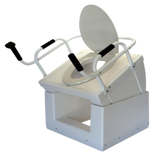 Front Right Side View Of The Throne Buttler Powered Toilet Lift Chair TLFE001 Shown In The Raised Position
