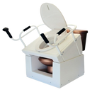 Front Right Side View Of The Throne Buttler Powered Toilet Lift Chair TLFE001 Shown In The Raised Position Over A Brown Toilet Bowl