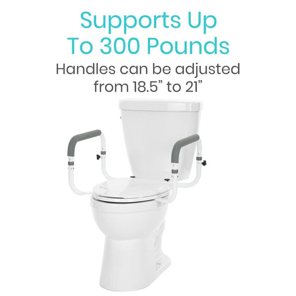 Front Right Side View Of The Vive Health Compact Toilet Rail Attached To The Toilet Bowl Highlighting It's 300 Pound Weight Capacity