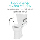Front Right Side View Of The Vive Health Compact Toilet Rail Attached To The Toilet Bowl Highlighting It's 300 Pound Weight Capacity