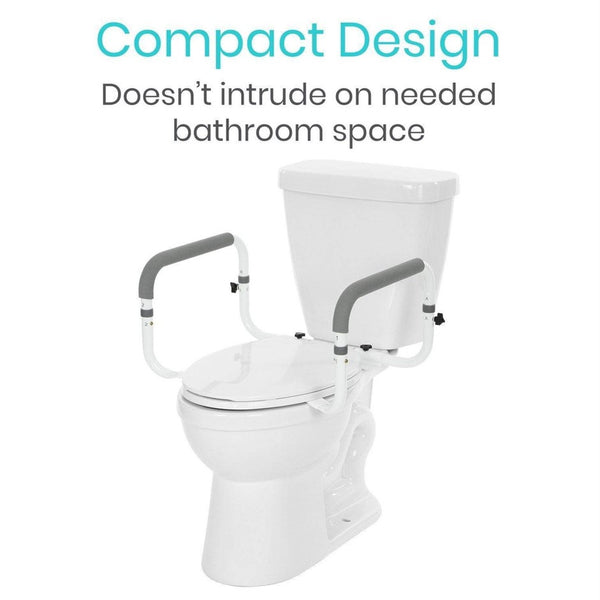 Front Right Side View Of The Vive Health Compact Toilet Rail Attached To The Toilet Bowl Highlighting Its Compact Design
