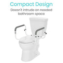 Front Right Side View Of The Vive Health Compact Toilet Rail Attached To The Toilet Bowl Highlighting Its Compact Design
