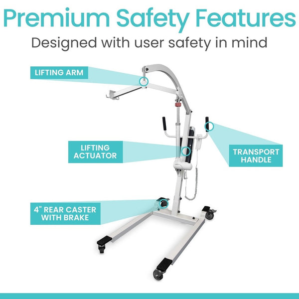 Front Right Side View Of The Vive Health Electric Patient Lift With Labeled Safety Features With Text 'Premium Safety Features'