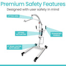 Front Right Side View Of The Vive Health Electric Patient Lift With Labeled Safety Features With Text 'Premium Safety Features'