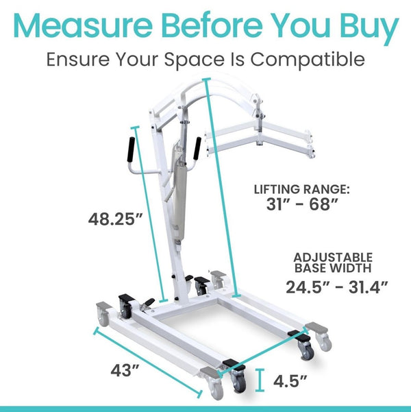 Front Right Side View Of The Vive Health Hydraulic Patient Lift With Sling Shown With Dimensions And Text 'Measure Before You Buy' And 'Ensure Your Space Is Compatible'