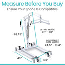Front Right Side View Of The Vive Health Hydraulic Patient Lift With Sling Shown With Dimensions And Text 'Measure Before You Buy' And 'Ensure Your Space Is Compatible'