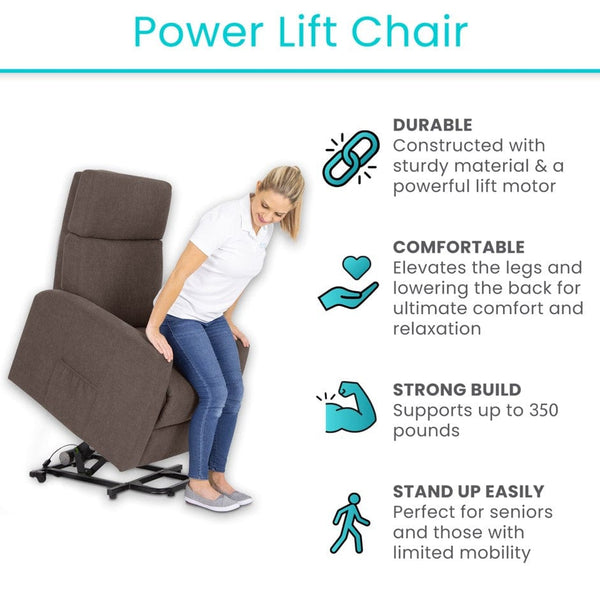 Front Right Side View Of The Vive Health Lift Chair Shown In The Lifted Position With Woman Shown Exiting The Chair With Key Features Listed Including, Durable, Comfortable, Strong Build And Stand Up Easily