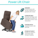Front Right Side View Of The Vive Health Lift Chair Shown In The Lifted Position With Woman Shown Exiting The Chair With Key Features Listed Including, Durable, Comfortable, Strong Build And Stand Up Easily
