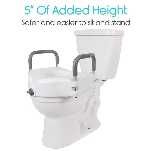 Front Right Side View Of The Vive Health Raised Toilet Seat Shown On A Toilet Bowl With Text '5" Of Added Height' And 'Safer And Easier To Sit And Stand'