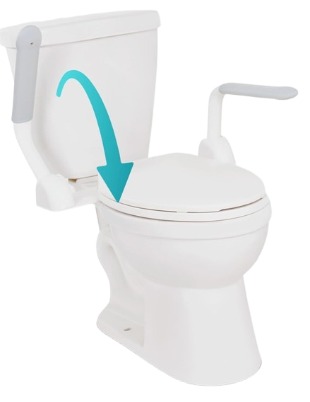Front Right Side View Of The Vive Health Rise Up Toilet Rail With An Arrow Demonstrating The Capability To Raise And Lower