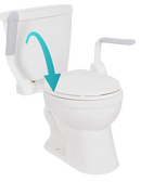 Front Right Side View Of The Vive Health Rise Up Toilet Rail With An Arrow Demonstrating The Capability To Raise And Lower