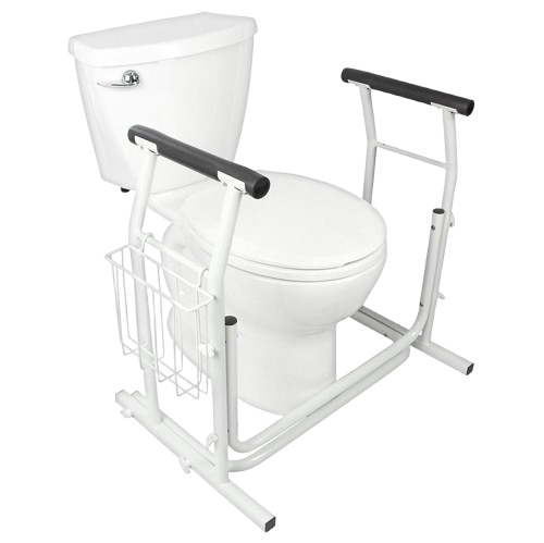 Front Right Side View Of The Vive Health Stand Alone Toilet Rail Placed Next To A Toilet Bowl
