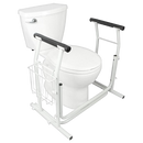 Front Right Side View Of The Vive Health Stand Alone Toilet Rail Placed Next To A Toilet Bowl