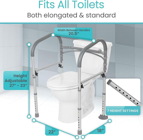 Front Right Side View Of The Vive Health Toilet Safety Frame With Handles With Text 'Fits All Toilets' And 'Both Elongated And Standard' With Various Dimensions Shown Around The Toilet.