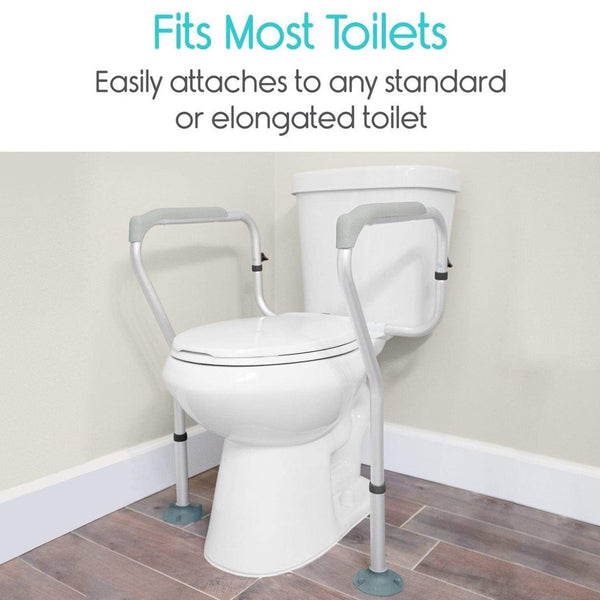 Front Right Side View Of The Vive Health Toilet Safety Rail Attached To A Toilet In A Bathroom Setting Demonstrating That It Fits Most Toilets