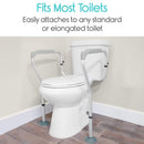 Front Right Side View Of The Vive Health Toilet Safety Rail Attached To A Toilet In A Bathroom Setting Demonstrating That It Fits Most Toilets