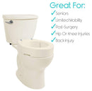 Front Right Side View Of The Vive Health Toilet Seat Riser On A Toilet Bowl With Text 'Great For' And 'Seniors, Limited Mobility, Post-Surgery, Hip Or Knee Injuries And Back Injury'