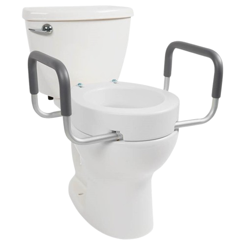 Front Right Side View Of The Vive Health Toilet Seat Riser With Handles Shown On A Toilet Bowl