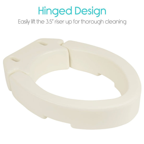 Front Right Side View Of The Vive Health Toilet Seat Riser With Text 'Hinged Design' And 'Easily Lift The 3.5" Riser Up For Thorough Cleaning'