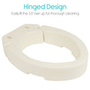 Front Right Side View Of The Vive Health Toilet Seat Riser With Text 'Hinged Design' And 'Easily Lift The 3.5" Riser Up For Thorough Cleaning'
