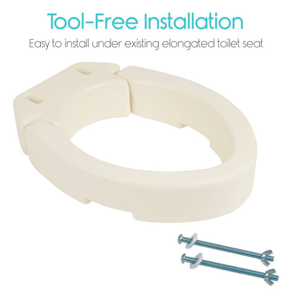 Front Right Side View Of The Vive Health Toilet Seat Riser With Text 'Tool-Free Installation' And 'Easy To Install Under Existing Elongated Toilet Seat'