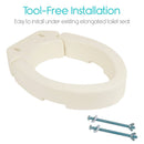 Front Right Side View Of The Vive Health Toilet Seat Riser With Text 'Tool-Free Installation' And 'Easy To Install Under Existing Elongated Toilet Seat'