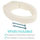 Front Right Side View Of The Vive Health Toilet Seat Riser With Text 'What's Included' And 'Elongated Hinged Raised Toilet Seat' And 'Two Installation Screws And Washers'