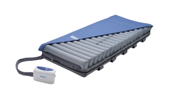 Front Right Side View Of The Wellell Domus Auto: Automatic Pressure Redistribution Mattress System Shown With Control Unit And Cover Slightly Removed