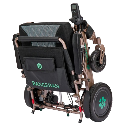 Front Right View Of The Bangeran Mammoth EX Automatic Folding Electric Wheelchair Shown In Brown And Teal Color In The Folded Position