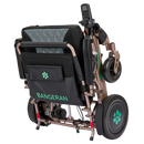 Front Right View Of The Bangeran Mammoth EX Automatic Folding Electric Wheelchair Shown In Brown And Teal Color In The Folded Position