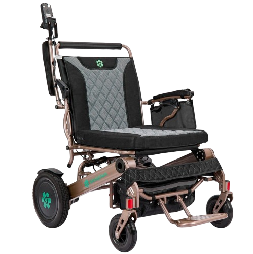 Front Right View Of The Bangeran Mammoth EX Automatic Folding Electric Wheelchair Shown In Brown And Teal Color With Right Hand Armrest Raised