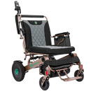 Front Right View Of The Bangeran Mammoth EX Automatic Folding Electric Wheelchair Shown In Brown And Teal Color With Right Hand Armrest Raised