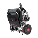Front Right View Of The Bangeran Mammoth EX Automatic Folding Electric Wheelchair Shown In Silver And Red Color In The Folded Position