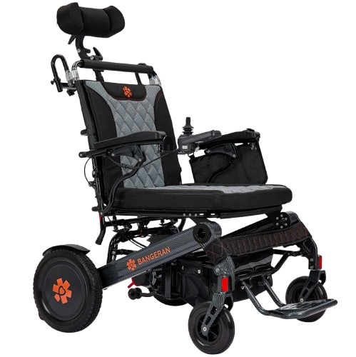 Front Right View Of The Bangeran Mammoth EX Automatic Recline Electric Wheelchair Shown In Black And Orange Color