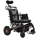 Front Right View Of The Bangeran Mammoth EX Automatic Recline Electric Wheelchair Shown In Black And Orange Color