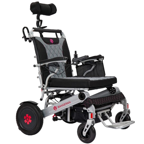 Front Right View Of The Bangeran Mammoth EX Automatic Recline Electric Wheelchair Shown In Silver And Red Color