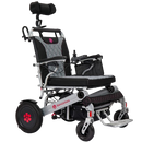 Front Right View Of The Bangeran Mammoth EX Automatic Recline Electric Wheelchair Shown In Silver And Red Color