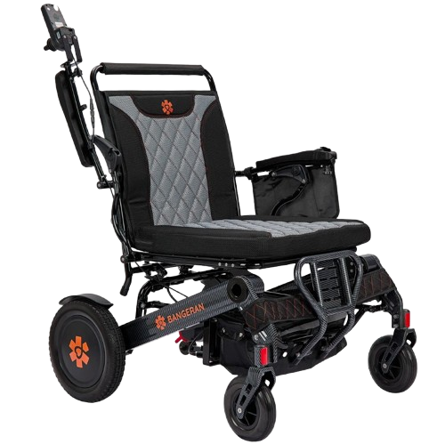 Front Right View Of The Bangeran Mammoth EX Electric Wheelchair Shown With Black And Orange Color With Right Armrest Raised