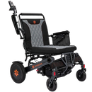 Front Right View Of The Bangeran Mammoth EX Electric Wheelchair Shown With Black And Orange Color With Right Armrest Raised