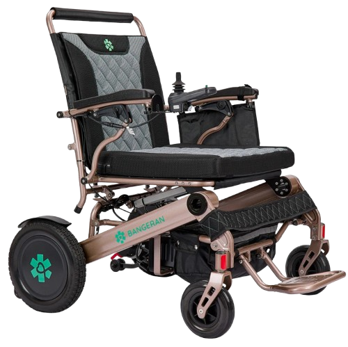 Front Right View Of The Bangeran Mammoth EX Electric Wheelchair Shown With Brown And Teal Color