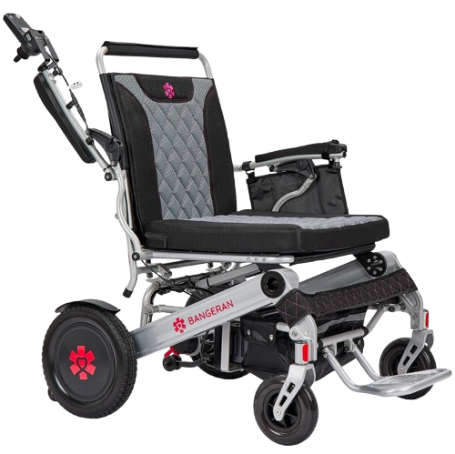 Front Right View Of The Bangeran Mammoth EX Electric Wheelchair Shown With Silver And Red Color With Right Armrest Raised