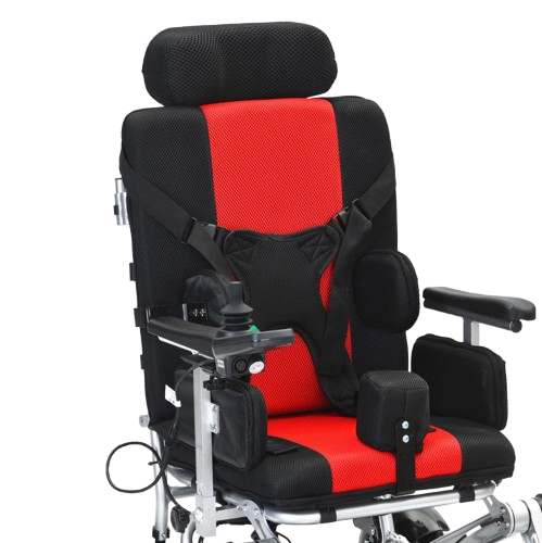 Front Right View Of The Bangeran Pegasus Cerebral Palsy Kids Electric Wheelchair Shown In Red Color