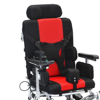 Front Right View Of The Bangeran Pegasus Cerebral Palsy Kids Electric Wheelchair Shown In Red Color